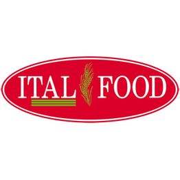 Rotes Logo „ITAL FOOD“ mit einem Weizenähren-Symbol in der Mitte.