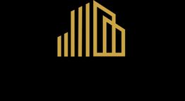 Goldenes geometrisches Logo auf schwarzem Hintergrund, das Balkendiagramm und Gebäude kombiniert.