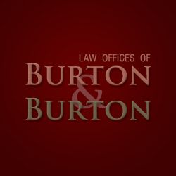 Text: "Law Offices of BURTON & BURTON" on a dark red background.