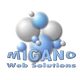 Logo mit grauen und blauen Kugeln, Text: "mIGANo Web Solutions".