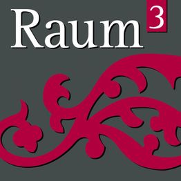 Text "Raum 3" mit rotem Ornament auf grauem Hintergrund.