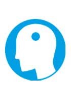 Symbol eines Kopfprofils mit Punkt im blauen Kreis.