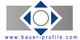 Logo mit grauen Rechtecken, blauen Dreiecken und Kreis, darunter Text: "www.bauer-profile.com".