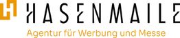 Logo von "HASENMAILZ", Agentur für Werbung und Messe, mit orangefarbenem Symbol links.