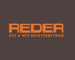 Orange Schriftzug "REEDER KFZ & NFZ MEISTERBETRIEB" auf dunkelbraunem Hintergrund.