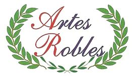Texto "Artes Robles" en letras elegantes rodeado por una corona de laurel verde.