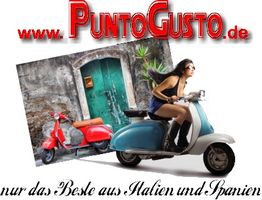 Frau auf blauer Vespa, Hintergrund rote Vespa, Text: "PuntoGusto - nur das Beste aus Italien und Spanien".