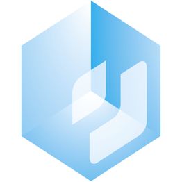 Blaues, transparentes geometrisches Logo mit sechseckiger Form und weißem Designdetail.