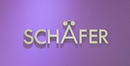 Der Schriftzug "SCHÄFER" auf lila Hintergrund, das "Ä" mit einer stilisierten Brille.