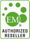 Logo mit grünem Kreis und Text "EM Authorized Reseller" auf weißem Hintergrund.