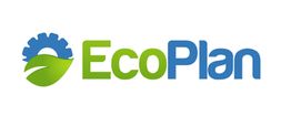 EcoPlan-Logo mit Blatt und Zahnrad, der Text ist in Grün und Blau.