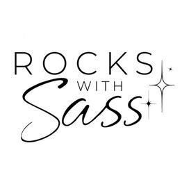 "Rocks with Sass" logo with elegant text and sparkles on a white background.