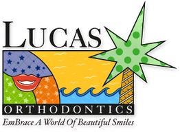 Lucas Orthodontics logo with colorful design, palm tree, and the text "EmBrace A World Of Beautiful Smiles."