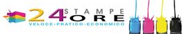 Logo di stampa con testo "24 Ore", inchiostri colorati, e scritta "Veloce-Pratico-Economico".