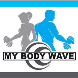 Silhouetten von Frau und Mann mit Hanteln, darüber das Logo "My Body Wave".