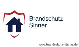 Logo mit rotem Schild um ein blaues Haus, Text "Brandschutz Sinner" und URL www.brandschutz-sinner.de.