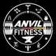 Logo mit Hantel, Amboss und Fitnesssymbolen in Weiß auf schwarzem Hintergrund, Text: "ANVIL FITNESS".