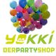 Bunte Luftballons über dem Logo "Yokki Der Partyshop" mit gelber Schrift.