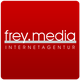 Rotes Logo mit weißem Text: "frey.media INTERNETAGENTUR".