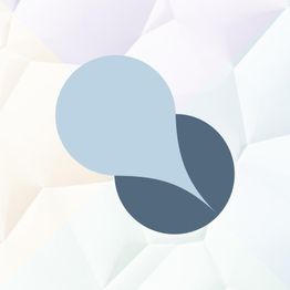 Abstraktes Logo aus zwei überlappenden Tropfenformen auf geometrischem Hintergrund.