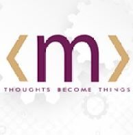 Logo with letter "m" surrounded by brackets and text "Thoughts Become Things" below.