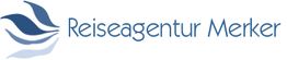 Logo der Reiseagentur Merker, blaues stilisiertes Wellenmotiv links neben dem Schriftzug.