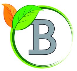 Buchstabe "B" in einem Kreis mit grünen und orangenen Blättern.
