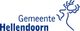 Logo van Gemeente Hellendoorn met blauwe tekst en abstracte tekening van een zon of bloem.