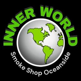 "Inner World Smoke Shop Oceanside" logo with green continents on a silver globe.