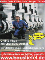 Arbeiter in blauem Overall vor Maschinen, mit Text: "Online-Shop für Arbeitskleidung."