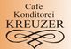 Schild mit der Aufschrift "Cafe Konditorei KREUZER" und einem dekorativen Ornament darunter.