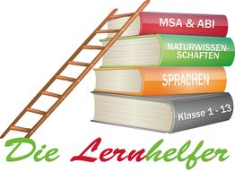 Bücherstapel mit Beschriftungen und Leiter, Titel: "Die Lernhelfer".
