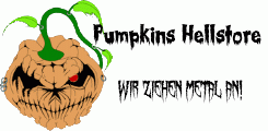 Böse Kürbisillustration mit Text: "Pumpkins Hellstore - Wir ziehen Metal an!"