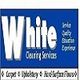 White Cleaning Services logo with text for various cleaning services on a blue background.