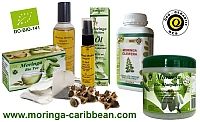 Bioprodukte aus Moringa: Tee, Öl, Reiniger, Kapseln. Zertifikat-Logos. Website: moringa-caribbean.com