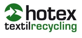 Logo mit grünem Pfeil und Text: "hotex textilrecycling".