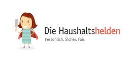 Kind mit rotem Umhang und Staubwedel neben dem Text "Die Haushaltshelden. Persönlich. Sicher. Fair."