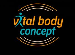 Logo mit Aufschrift "vital body concept" und einer stilisierten Figur auf schwarzem Hintergrund.