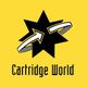 Black star with looping arrows on yellow, "Cartridge World" text below.