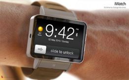 Smartwatch an Handgelenk, zeigt Uhrzeit 9:42 und "slide to unlock" am 2. Mai 2010.