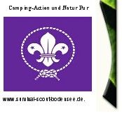 Pfadfinder-Symbol auf lila Hintergrund, Text: "Camping-Action und Natur Pur", URL darunter.