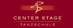 Logo der Tanzschule Center Stage auf rotem Hintergrund mit stilisiertem Tänzer-Symbol.