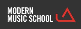 Logo der Modern Music School mit rotem dreieckigem Symbol auf schwarzem Hintergrund.