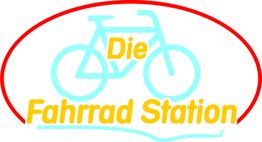Logo mit blauem Fahrrad, darüber "Die", darunter "Fahrrad Station" in gelb-rotem Oval.