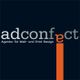 Logo von AdconfecT, Agentur für Web- und Print-Design, auf dunklem Hintergrund mit orangem Akzent.