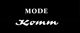 Schwarz-weißer Schriftzug: "MODE Komm" auf schwarzem Hintergrund.