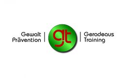 Logo mit grünem Kreis und rotem "gt", daneben Text: "Gewaltprävention | Geradeaus Training".