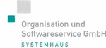 Logo mit grauem und grünem Quadrat, Text: "Organisation und Softwareservice GmbH SYSTEMHAUS".