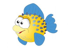 Bunter, lächelnder Zeichentrickfisch mit blauer Flosse und gelbem Körper auf weißem Hintergrund.