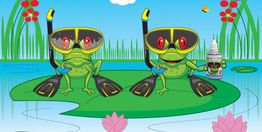 Two frogs with snorkels on a lily pad; one is holding a bottle.